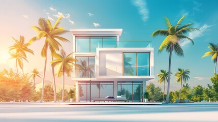 Geometric abstract house or hotel. Beach house or villa among palm trees. Summer vacation concept background with copy space