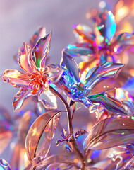 3D rendering of an ethereal, light background dreamy bouquet of colorful transparent glass flowers and plants with rainbow colored flowers.