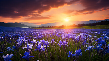 Iris flower field with sunset view