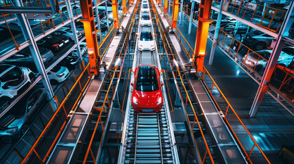 Electric vehicle battery production line in a car factory - obrazy, fototapety, plakaty