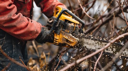 A worker using a chainsaw to trim branches near a construction site. 