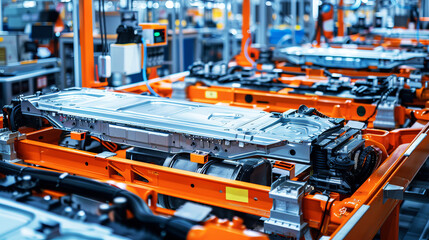 modern car factory production line with electric vehicle battery parts, industrial background
