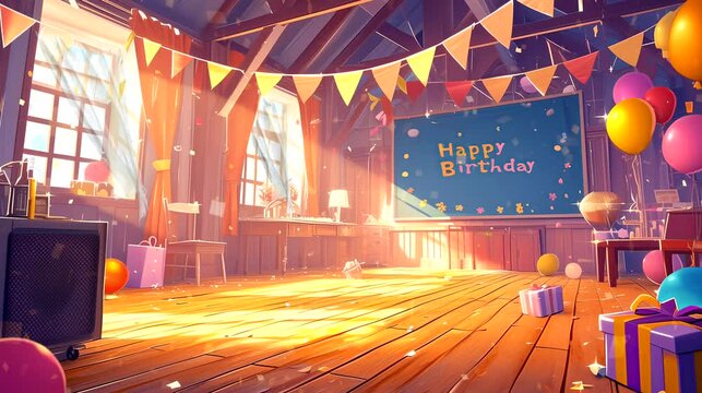 An Empty birthday Party Room, ready for celebration. Anime or digital painting style, looping 4k video animation background
