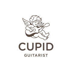 Baby Eros Cupid Sit Down Playing Guitar Music Romance Logo Design