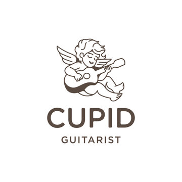 Baby Eros Cupid Sit Down Playing Guitar Music Romance Logo Design