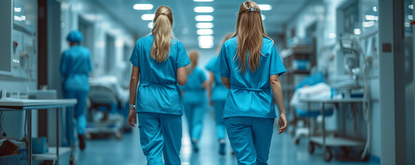 Medical team in protective gear navigates a clinical hallway - obrazy, fototapety, plakaty