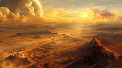 Desert landscape on alien planet,sand dunes and sun set in background. Science fiction scene.