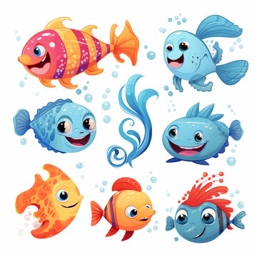 Set of pictures of cute fish cartoons in the sea.