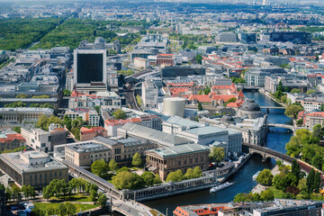 aerial cityscape view of Berlin showing museum island, river spree and buildings of the german...