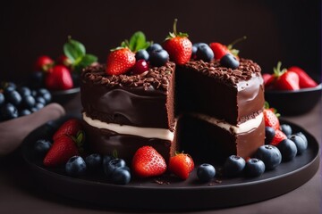 'chocolate cake berries strawberries cherries dark brown background copy space food dessert sweet half cream pastry epicure fruit tasty black berry delicious pie strawberry sugar treat bakery dish'