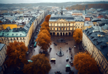Aerial Hall day Lviv Ukraine view autumn Tower Town rainy Sky Summer Travel House City Landscape Building Architecture Street Old Europe Urban Cityscape Tourism Culture Cathedral Roof