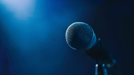A microphone is pointed at a blue background. The microphone is the main focus of the image