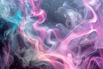 Vibrant Neon Smoke Patterns in Obscure Ethereal Elixir: Electric Pink Curls, Silver Glimmers on Slate Black Backdrop