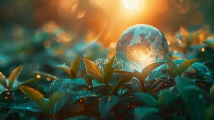 A beautiful glass globe on the grass with a beautiful blurred background.