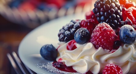 Closeup of Meringue, decorated with cream and berries - obrazy, fototapety, plakaty