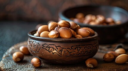 Rustic bowl of fresh brown hazelnuts on textured backdrop - Powered by Adobe