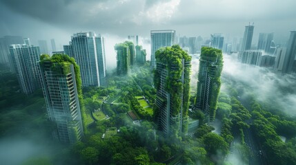 A futuristic city with green buildings and lush vegetation.