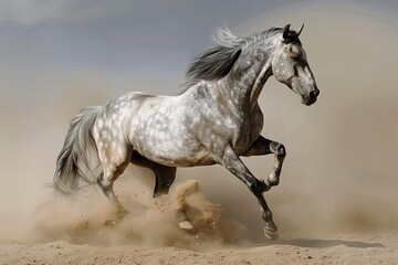 White Equine Majesty: Grey Horse Rearing in the Desert Dust