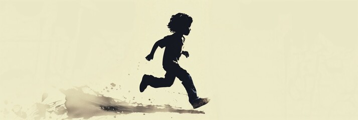 Silhouette of a running little boy kid on neutral background