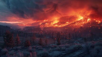 A raging wildfire burns through a forest at night, casting an orange glow on the landscape.