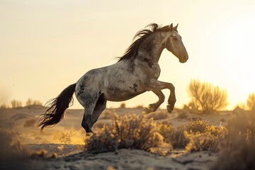 Majestic Grey Wild Horse: Rearing Silhouette in Desert Sunrise, A Tale of Freedom and Power