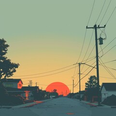 An illustration of a street in a suburban neighborhood at sunset with a gradient of orange and yellow sky - obrazy, fototapety, plakaty
