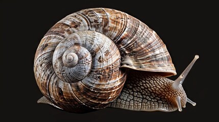 Close-up detailed image of a garden snail on a dark background