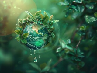 An illustration of the Earth with water droplets falling from it and leaves growing around it. - obrazy, fototapety, plakaty