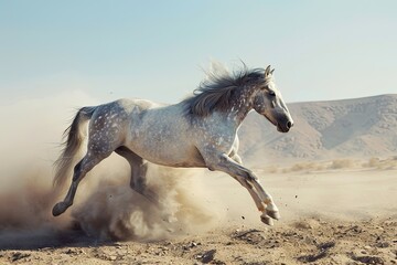 Majestic Grey Stallion: Striking Display of Strength and Freedom in the Desert Dust
