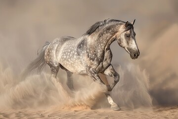 Wild Grey Stallion's Power Display: Desert Dust Force - obrazy, fototapety, plakaty