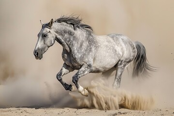 Majestic Grey Stallion: Desert Power Display - obrazy, fototapety, plakaty
