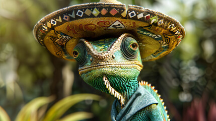 Colorful chameleon wearing a traditional sombrero in nature - obrazy, fototapety, plakaty