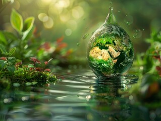 Water drop with the Earth inside floating above a body of water. - obrazy, fototapety, plakaty
