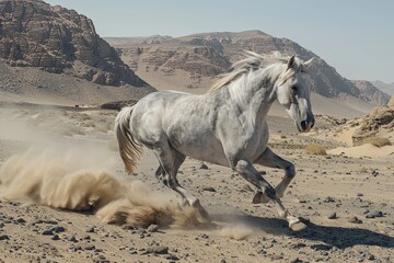 Grey Stallion's Unbridled Desert Run: Nature's Wild Power in Motion - obrazy, fototapety, plakaty