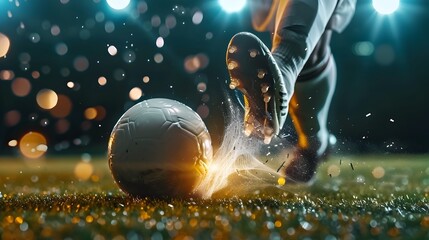 Powerful Soccer Player Kicking Ball Under Stadium Lights