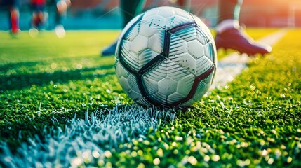 Soccer Ball on Vibrant Green Turf with Detailed Stitches and Texture Highlighted - obrazy, fototapety, plakaty
