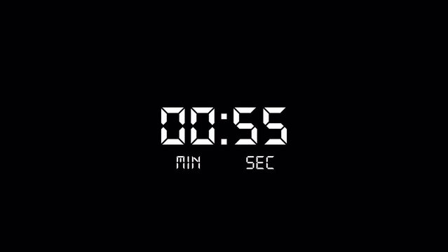 One minute digital clock countdown timer from sixty to zero seconds, Digital countdown timer from 60 to 0 seconds, Countdown video