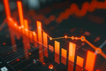 a glowing financial data analysis graph with vibrant orange bars and line graph on a dark background, the dynamic and complex nature of stock market analytics, trading, financial data interpretation - obrazy, fototapety, plakaty