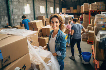 Woman volunteer in humanitarian working in a warehouse filled with lots of donated products.