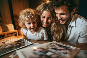 Fototapeta premium Family is looking at photo album with pictures on a table.