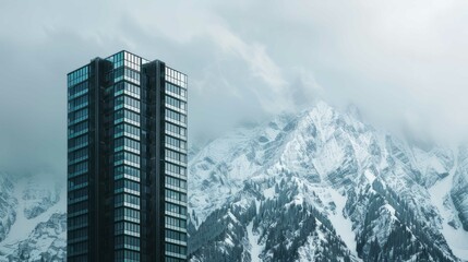 Architectural Majesty: Skyscraper Against Mountain - obrazy, fototapety, plakaty