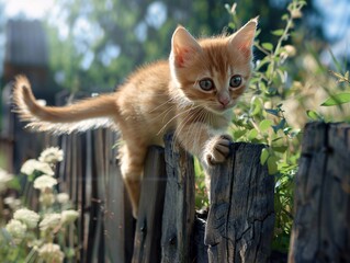 A kitten is climbing a wooden fence