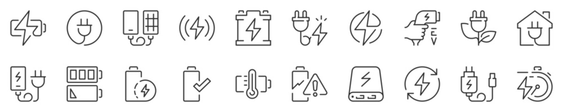 Line icons about battery charging. Contains such icons as charger, ev charger station, power bank and more. Editable vector stroke. 512x512 Pixel Perfect in transparent background.