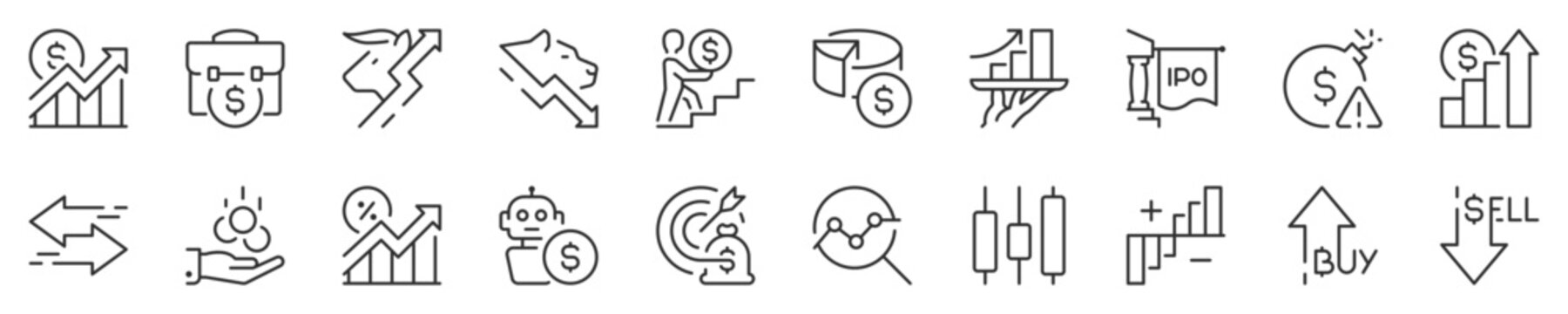 Line icons about stock markets. Contains such icons as high frequency trading, volatility, technical analysis and more. Editable vector stroke. 512x512 Pixel Perfect in transparent background.