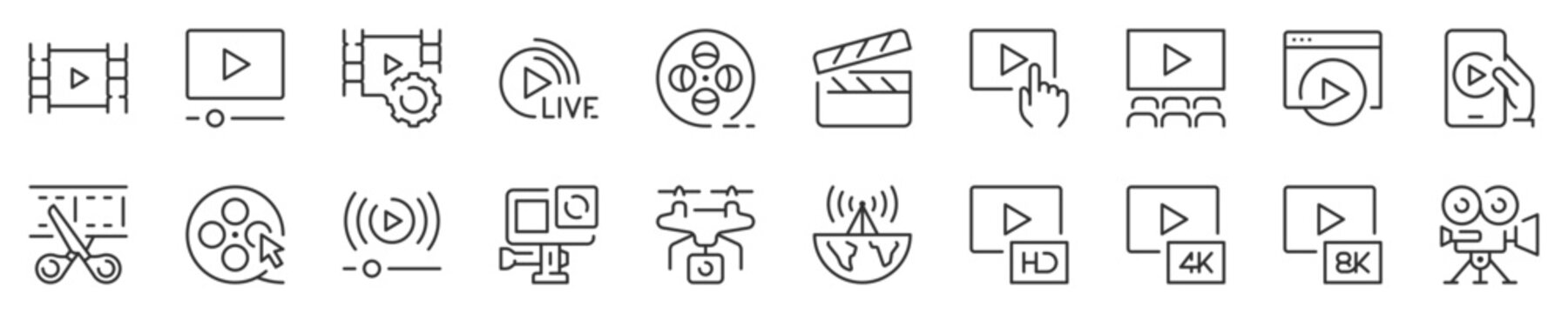 Line icons about video. Contains such icons as broadcast, live, production and more. Editable vector stroke 1 of 2 sets. 512x512 Pixel Perfect in transparent background.