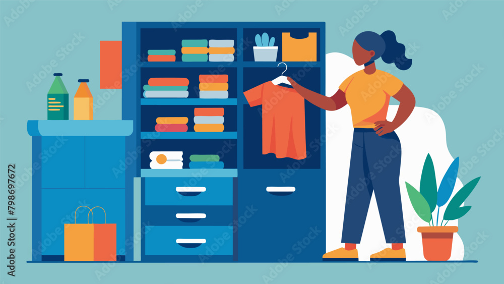 Poster Organizing drawers and closets with focus noticing the items you own and finding gratitude for their usefulness..