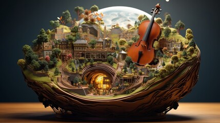 Miniature planet with a picturesque landscape and a classic violin