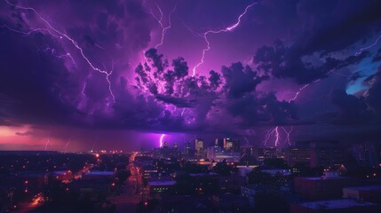 Obraz premium The dramatic interplay of light and shadow as a series of purple lightning strikes create a spectacular show over a sleeping city.