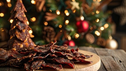 Jerky placed beside the Christmas tree