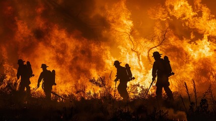 Fototapeta premium The dramatic silhouette of a firefighting squad against a backdrop of raging inferno, showcasing their coordinated effort to save lives and property.